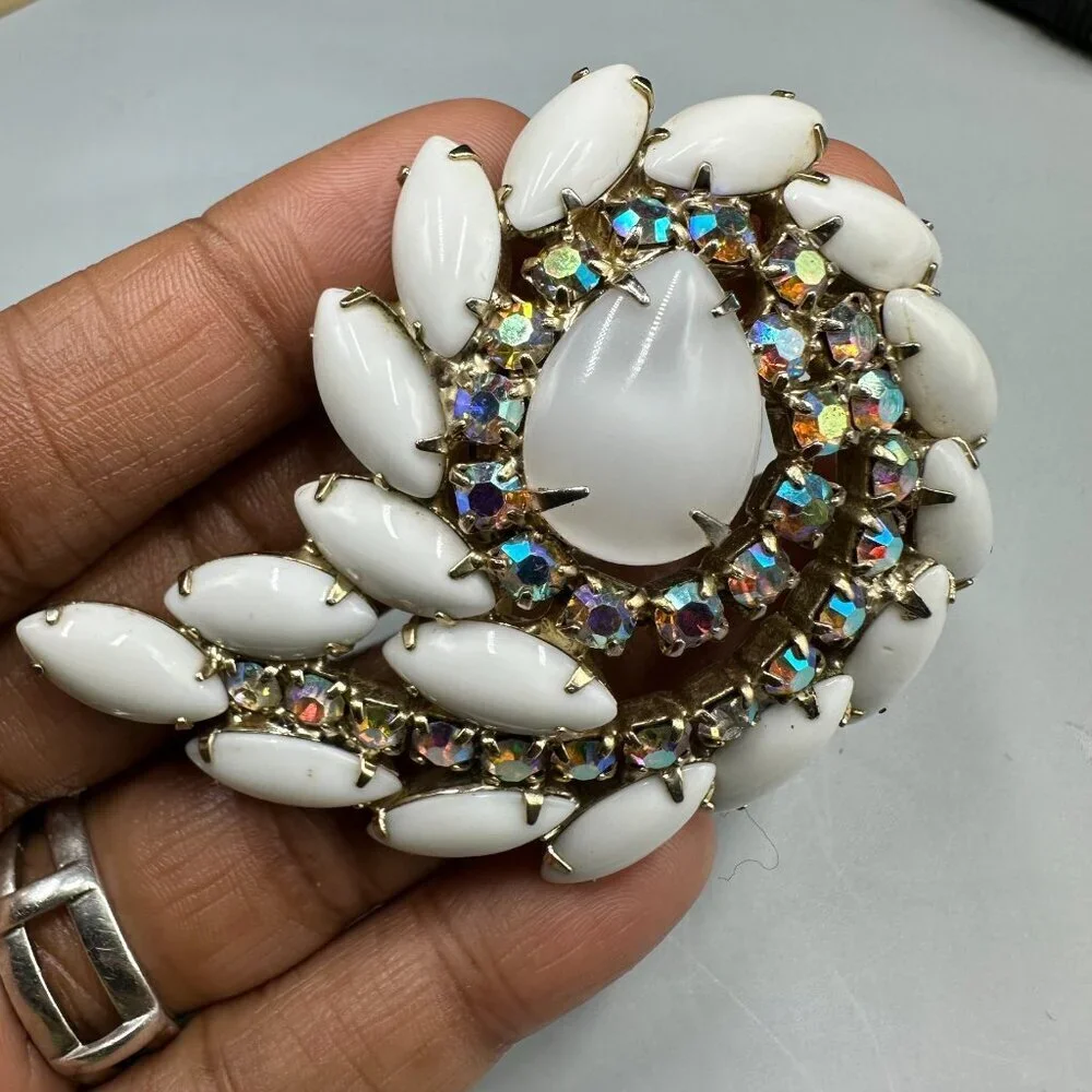 Vintage Milk Glass Rhinestone Brooch Silver Tone Aurora Borealis Swirl Statement